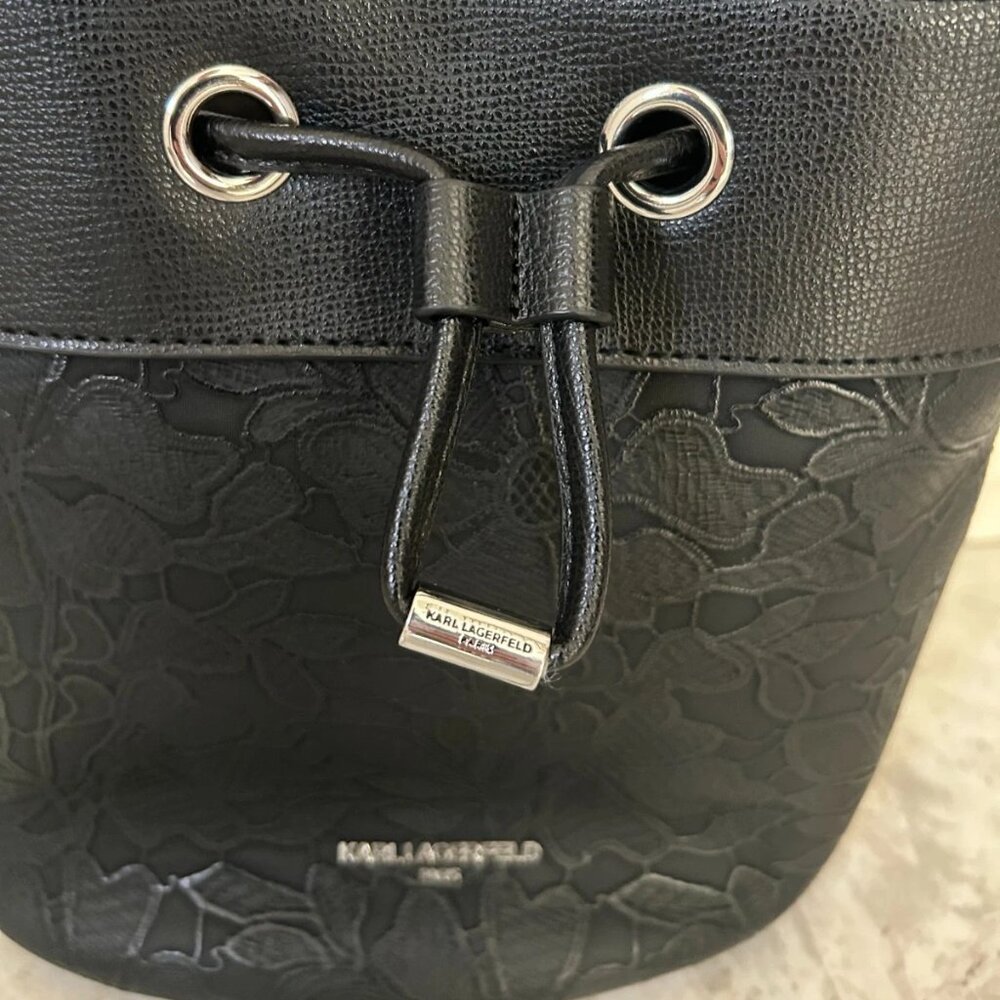 Karl Lagerfeld Paris Black Bucket Bag Floral Embossed Drawstring Shoulder 9X9" - Picture 3 of 8
